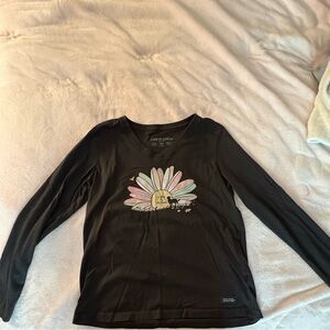 Life Is Good Black Long-Sleeve Tee with Pastel Daisy Center Graphic
